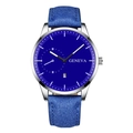 Detail view of the Geneva men's watch featuring a blue dial, date window and leather strap - Blue Strap Silver Case Blue Dial