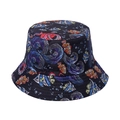 Reversible bucket hat featuring colorful tropical fish and ocean shark prints on black background - Black Tropical Fish Print (C)