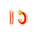 S925 silver C-shape earrings with red enamel and zircon stones on white background - Red
