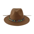 Brown wool felt fedora hat featuring colorful bohemian beaded band and ethnic braided rope - 58cm / Dark Camel