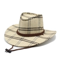 Close-up of cream straw cowboy hat with dark plaid pattern and brown adjustable chin strap - M (56-58cm) / Off-white Dark Grid (02)