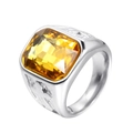 Detail of a men's ring with a large square yellow gemstone and silver cross engraving - Silver Yellow Zirconia