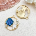 Golden ocean shell and starfish DIY pendants with blue enamel and small pearls - 1pc Round Ocean Elements 25x27mm Blue