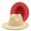Detail of khaki wool felt fedora featuring a contrast red lining and wide brim style - M (56-58cm) / Beige + Red