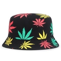 Unisex black bucket hat featuring vibrant red, yellow, and green leaf prints for sun protection - One Size / Black with Colorful Leaf (Labeled)