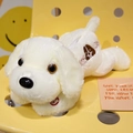Lying white plush puppy toy with soft long fur and DIY embroidery on a yellow chair - White Embroidered Style