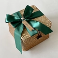 Macro view of woven gift basket with dark green ribbon, pearls, and Thank You tag - Dark Green