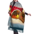 Christmas cashmere scarf with snowy cabin print and elegant grey faux fur collar - Snow Cabin & Christmas Tree Pattern
