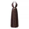 Sexy leopard print halter dress with waist cut-outs and golden flower metal buckle - S / Leopard Print