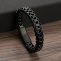 Vintage braided black leather and matte black steel bracelet on wood background - Matte Black-19cm