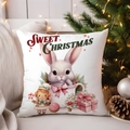 Close-up of a white Christmas pillowcase with cute rabbit and Sweet Christmas text - TQYM72-11 (Sweet Christmas)
