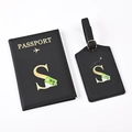 Black PU leather passport holder and luggage tag set with golden letter S and airplane motif - Black Letter S