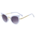 Detailed view of white cat-eye sunglasses with gold metal temples and purple gradient lenses - White