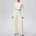 Creamy white yoga set with full zip thumb-hole jacket and flared high-waist pants - S / Light Ivory