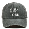 Detail of Christian Faith embroidery on washed cotton baseball cap with faith over fear text - Adjustable / Army Green