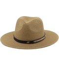 Classic tan straw fedora hat with a dark leather-style band and wheat detail decoration - M / Khaki