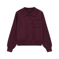 Jersey de punto polo burdeos para mujer con manga larga, cuello de solapa y bolsillo de pecho - S / Rojo Oscuro