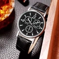 Men's waterproof quartz watch with black dial and silver case on leather strap - Black Leather Strap Faux Chronograph