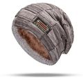 Close-up of thick fleece lining and grey knit texture on warm winter beanie hat - Hat Only / Khaki