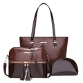 3-teiliges Set aus dunkelbraunen Taschen mit Krokoprägung, Shopper und Umhängetasche - Dunkelbraun