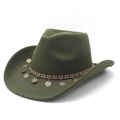 Olive green western cowboy hat with ethnic geometric band and silver metal pendants - M (56-58cm) / Army Green