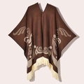 Close-up of brown ethnic poncho featuring cream woven patterns and fringed hem details - Pullover Colorful Bird / 130x150cm / Coffee