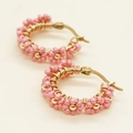 Close-up of bohemian beaded hoop earrings featuring pink daisy flower patterns and gold wire - Pink Floral Style (GZ-E220031D)