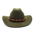Detail of olive green wool fedora hat with ethnic beads and a red gemstone buckle - M (56-58cm) / Army Green