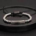 Silver bead bracelet with a black micro-pave bar and adjustable woven cord strap - Steel Color Bar Bracelet