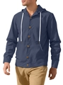 Men's navy blue cotton linen hooded shirt jacket with wooden buttons and white drawstring - Navy Blue