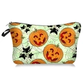Halloween makeup bag with festive pumpkin and bat print featuring secure top zipper closure - Orange Green Pumpkin Bat Grid (09133)