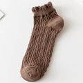 Brown knit crew socks for women featuring cable texture and elegant ruffled edges - No-Show Socks / Coffee