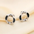Minimalist square geometric earring with black enamel inlay and silver stainless steel frame - Irregular Round Style (KE114517-K)
