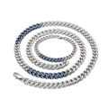 Cuban link chain necklace and bracelet set in silver with blue diagonal stripe accents - Two-Tone Blue Set