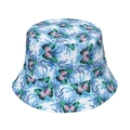 Detailed view of the butterfly and leaf print texture on a white cotton bucket hat - Blue Green Leaf Pink Green Gradient Butterfly Style (C)