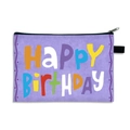 Purple textured makeup pouch with colorful Happy Birthday print and zipper closure - Purple Texture Art Font Style (24)