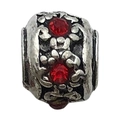 Silver bead with vintage floral relief and red gemstones for DIY charm bracelets - Inlaid Rhinestone Style (11517)