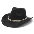 Black faux suede cowboy hat with ethnic woven band featuring evil eye bead ornaments - M (56-59cm) / Black (Suede)