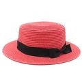 Close-up of red straw boater hat with a black grosgrain ribbon and bow detail - S (54-56cm) / Watermelon red