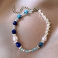 Elegant beaded bracelet with blue agate, freshwater pearls and silver cubes for women - Blue Round Bead Bracelet(43#)