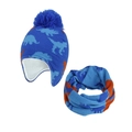 Winter children's knitted hat and scarf set with blue dinosaur pattern and fleece lining - M (1-3 Years) / Royal Blue