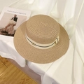 Flat top straw sun hat in khaki with cream ribbon and gold M buckle detail - Khaki Metal M Beige Band