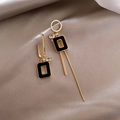 Asymmetric gold tassel earrings with black rectangle pendant and crystals on silk fabric - Black Asymmetric Geometric Drop Earrings (Silver Earring Post)
