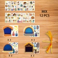 Nativity scene DIY Christmas sticker set with 12 cartoon styles for children gifts - Qs Birthday Small Card Stickers + Temporary Tattoo Set (48 Pieces: 12 Cards + 12 Stickers + 12 Gold Ribbons + 12 Birthday Temporary Tattoos)