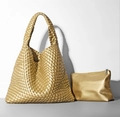 Metallic gold woven bucket tote bag with matching zipper pouch and fine texture - Gold