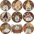 DIY diamond painting car coaster set featuring 8 coffee gnome designs and metal holder - Autumn Coffee Dessert Gnome Style (BD997)