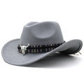 Gray felt western cowboy hat with ethnic woven band and silver bull skull ornament - M (56-58cm) Adjustable / Light Gray