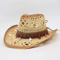 Cappello da cowboy in paglia intrecciata con fascia etnica per protezione solare - Taglia unica / Beige con Decorazione Caffè (CM0418)