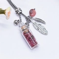 Collar de botella de aceite esencial de cristal con piedras rojas y colgante de pluma - Rodonita