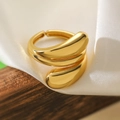 Minimalist double-layered gold open ring with glossy irregular geometric teardrop design - Adjustable Open / Gold Double Layer Water Drop Style (14196)